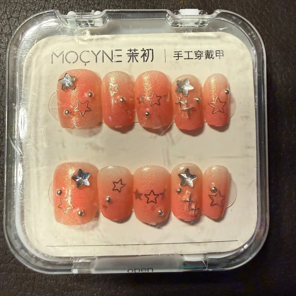 Mocyne 24pc Press On Nails NEW Peach Ombre Glitter Star Celestial 3D